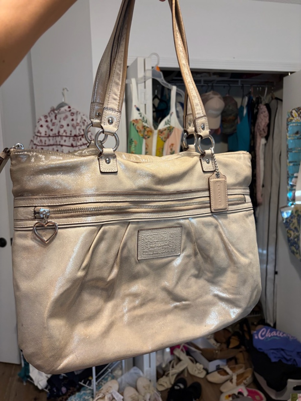 Coach Poppy Metallic Gold Leather Tote Bag - Elegant Everyday Carry Purse